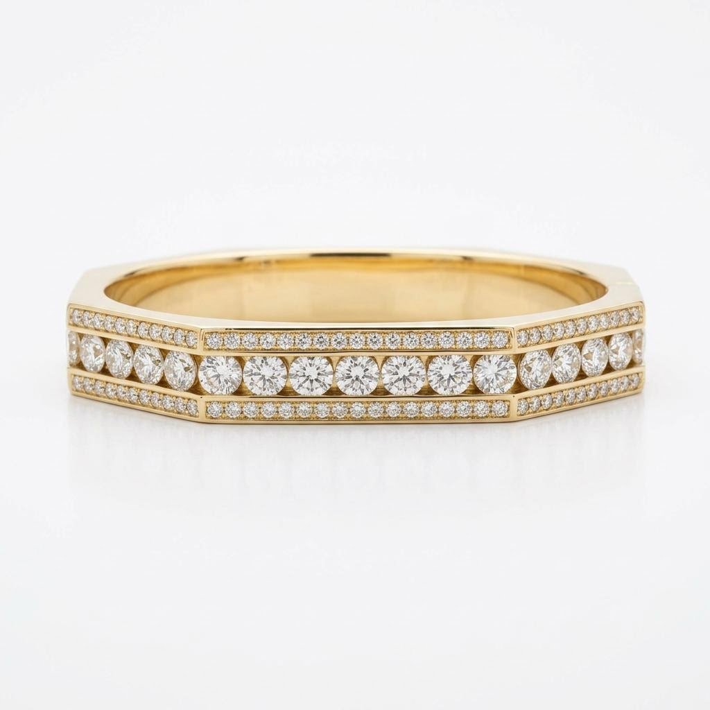 Channel Set Triple Row Diamond Octagon Bangle