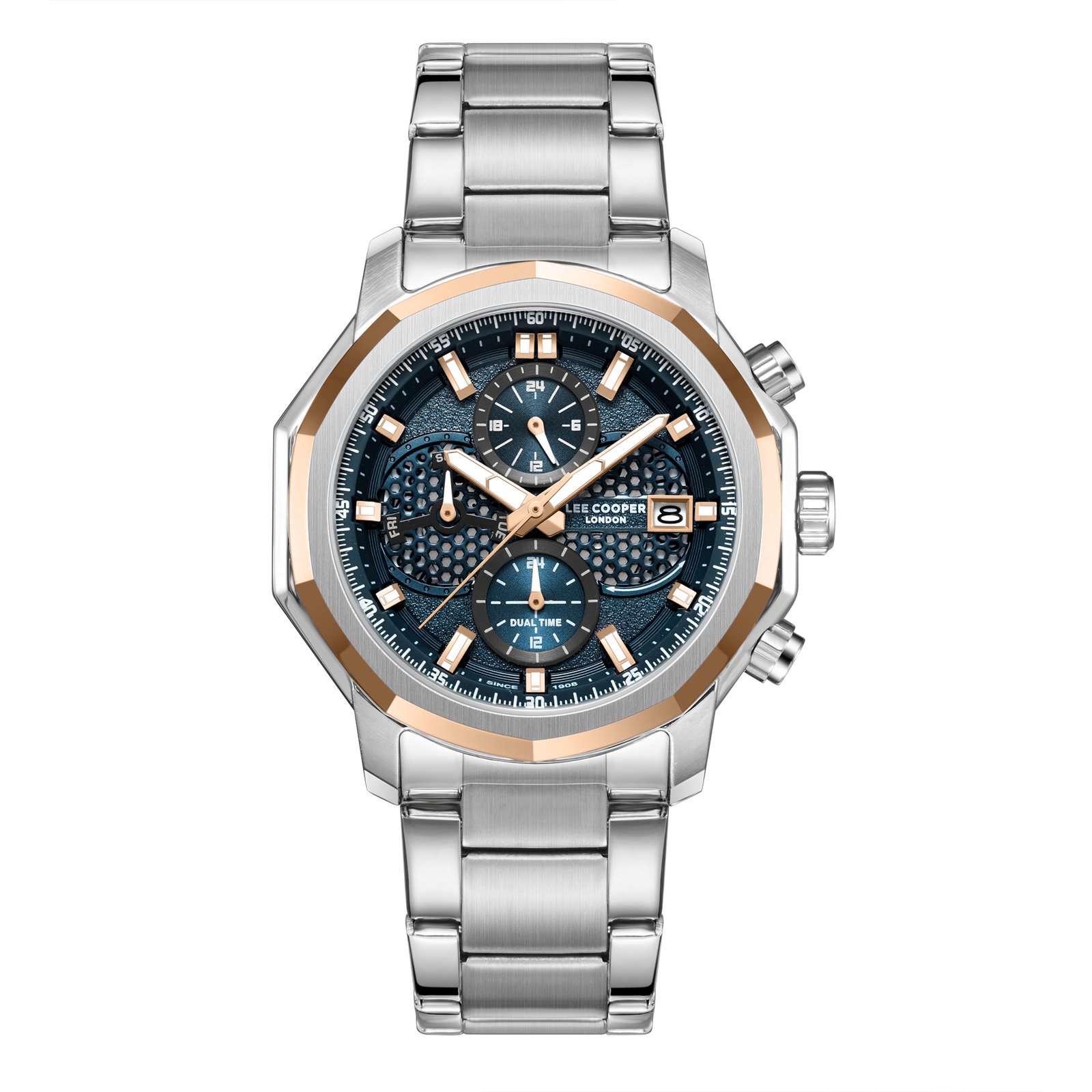 Lee Cooper GENTS 3H Fn Silver Case Silver Metal Band Dark Blue Dial